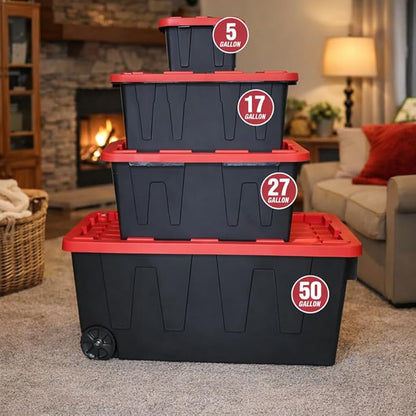 27 Gallon Large Storage Bin with Snap Lid, Heavy Duty Plastic Storage Container, Black and Red, 4 Pack