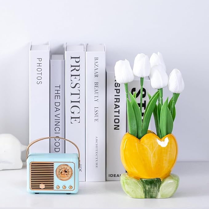 1 PC Ceramic Tulip Make up Brush Holder Flower Toothbrush Holder Cosmetic Storage Box Pen and Pencil Holder Desktop Organizers (Yellow)