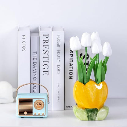 1 PC Ceramic Tulip Make up Brush Holder Flower Toothbrush Holder Cosmetic Storage Box Pen and Pencil Holder Desktop Organizers (Yellow)