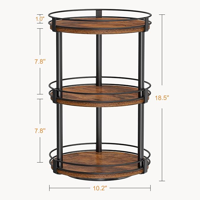 Snughome Lazy Susan Organizer, 3 Tier Rotating Spice Rack, Turntable Lazy Susan Kitchen Countertop Organizer, 10.2" x 10.2" x 18.5", Rustic Brown