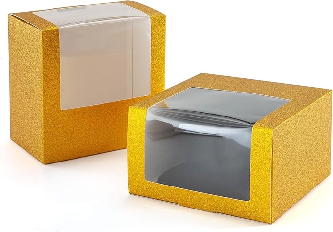 LADYBRO 10 Pack 7.8" x 7.8" x 4.8" Black Gift Boxes with Window Display for Hat Storage Containter for Baseball Caps (Fitted, Snapbacks, Trucker) (Glitter Gold, 7.8" x 7.8" x 4.8")