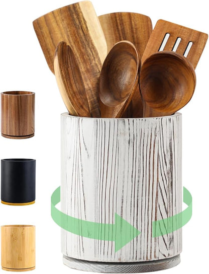 Wooden Utensil Holder, 360°Rotating 7.3'' Large Utensil Holder for Kitchen Counter, Kitchen Utensil Organizer, Utensil Crock, Farmhouse Kitchens Countertop Decor, Distressed White