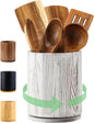 Wooden Utensil Holder, 360°Rotating 7.3'' Large Utensil Holder for Kitchen Counter, Kitchen Utensil Organizer, Utensil Crock, Farmhouse Kitchens Countertop Decor, Distressed White