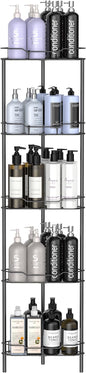 HuggieGems 5 Tier Floor Standing Corner Shower Caddy Organizer Shelf with Hooks, Bathroom Shelves Stand Rack, Matt Black
