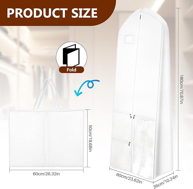 Dress Garment Bags, Long Garment Bags for Travel, 70’’ Wedding Dress Cover with Handle, Foldable Clothing Bag with Pockets and Zippers, White, 180 cm