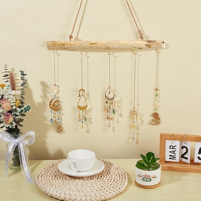 15 Inch 5 Hook Driftwood Wall Hanging Wall Mounted Jewelry Holder Decor Natural Wood Farmhouse Vintage Wooden Necklace Holder Branch Hooks with Jute Rope for Dried Flowers Keys Crafts Home