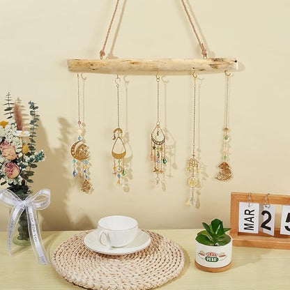 15 Inch 5 Hook Driftwood Wall Hanging Wall Mounted Jewelry Holder Decor Natural Wood Farmhouse Vintage Wooden Necklace Holder Branch Hooks with Jute Rope for Dried Flowers Keys Crafts Home