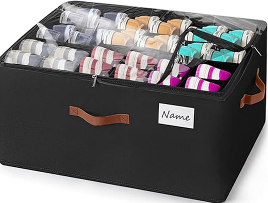 Shoe Organizer for Closet, Large Shoe Storage Box Container with Clear Cover,Foldable Shoe Storage Bins with Adjustable Divider,Space Saving Shoes Box with 4 Handles,Fits 12-24 Pairs (Black, large)