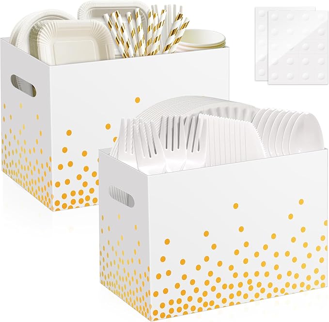 2PCS White and Gold Utensil Holder Paper Utensil Caddy for Engagement Party Supplies Cutlery Holder with Handles Wedding Party Favors Snack Box Disposable Cutlery Caddy for Birthday Decorations