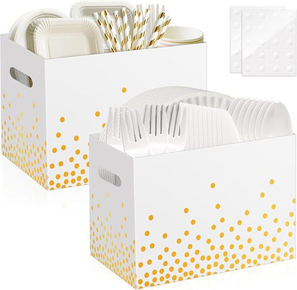 2PCS White and Gold Utensil Holder Paper Utensil Caddy for Engagement Party Supplies Cutlery Holder with Handles Wedding Party Favors Snack Box Disposable Cutlery Caddy for Birthday Decorations