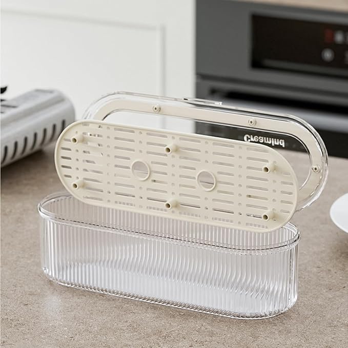 Silverware Organizer with Lid and Drainer, Covered Utensil Tray for Kitchen Drawer and Countertop, Clear Plastic Cutlery and Flatware Storage Box for Spoons Forks Knives Holder Case