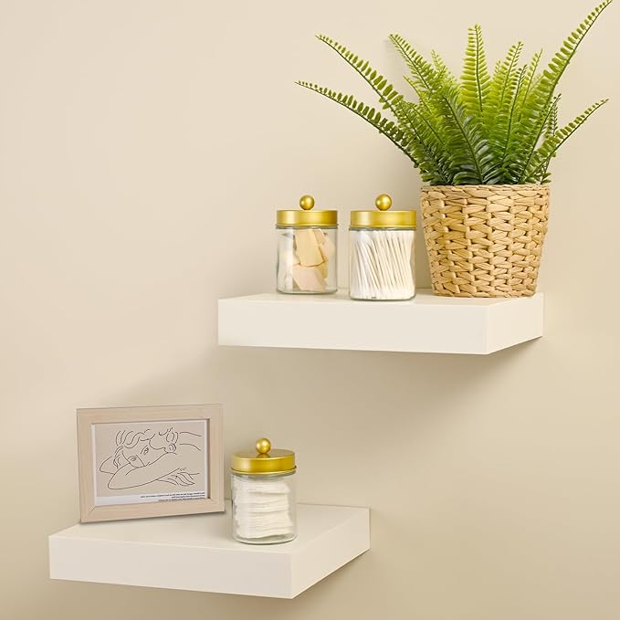 SheeChung Qtip Dispenser Holder 1pcs, Glass apothecary jars with Stainless Steel Lids &Stickers, Countertop Canister Guest Bathroom Storage Organizer Set for Cotton Swabs/Balls, Floss Picks(Gold)