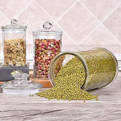 Set of 3 Glass Apothecary Jars with Lids, Bathroom Canisters Storage Container Jars, Decorative Small Glass Apothecary Jar for Cotton Swabs, Cotton Balls, Makeup Sponges, Bath Salts