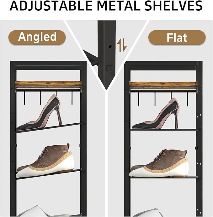4 Tier Shoe Rack, Shoe Rack for Front Door Entrance with Hook, Steel Frame and Adjustable Mesh Shelves, Metal Shoe Organizer for Entryway, Bedroom, Closet