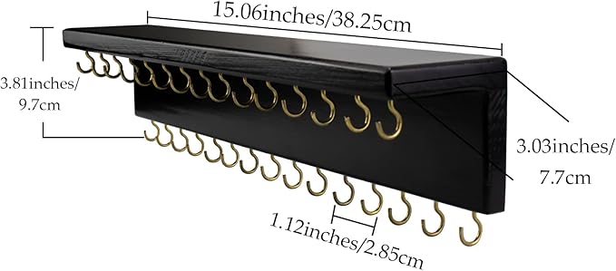 SANY DAYO HOME Black Necklace Holder Jewelry Organizer with 30 Hooks, 15 x 3 x 4 inches Wall Mount Rustic Pine Wood Shelf for Necklace, Hair Bow Storage