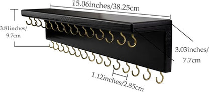 SANY DAYO HOME Black Necklace Holder Jewelry Organizer with 30 Hooks, 15 x 3 x 4 inches Wall Mount Rustic Pine Wood Shelf for Necklace, Hair Bow Storage