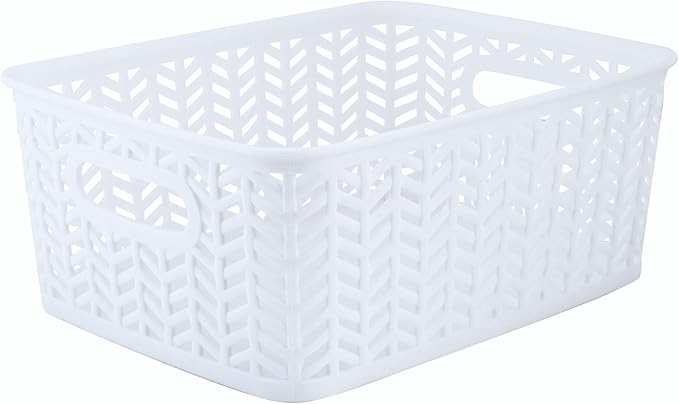 Simplify Small Herringbone Bin Storage Tote Basket Organizer Decorative, Good for Closets, Countertops, Desks, Dressers, Accessories, Cleaning Products, Sports Equipment, Toys, White