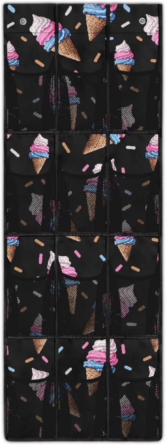Ice Cream Over the Door Organizer 12 Clear Deep Pockets Hanging Shoe Rack for Closet Door Hanging Organizer No Dril Large Storage Bag for Small Spaces Bathroom Kitchen