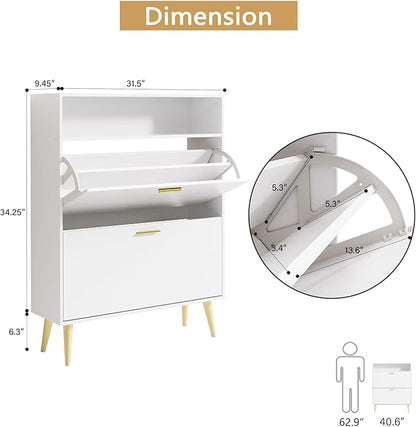 LYNSOM Shoe Cabinet Set of 2, Free Standing Tipping Bucket Shoe Rack Organizer with 2 Flip Drawers, Modern Entryway Shoe Storage with Top Display, Narrow Slim Hidden Shoe Cabinet (White)