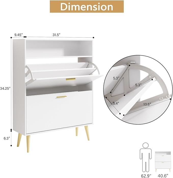 LYNSOM Shoe Cabinet, Free Standing Tipping Bucket Shoe Rack Organizer with 2 Flip Drawers, Modern Entryway Shoe Storage with Top Display, Narrow Slim Hidden Shoe Cabinet (White)