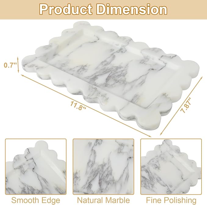 100% Natural Marble Vanity Tray - Real Stone Storage Organizer for Bathroom/Kitchen/Vanity/Dresser, Countertop Tray for Perfume, Jewelry, Home Decor, 11.8 x 7.8 x 0.7 Inch