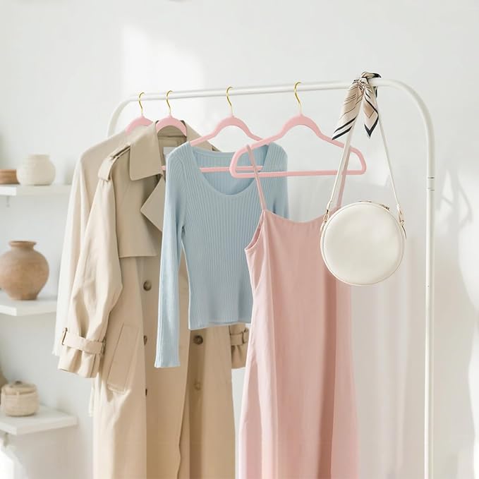 ManGotree Velvet Coat Hangers with 360° Swivel Gold Hook, Non-Slip Felt Suit Hangers, Slim Space Saving Clothes Hanger for Jacket, Sweater, Shirt, Dress, Pants (48 Pack, Light Pink)