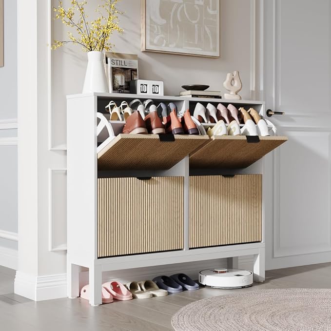 IDEALHOUSE Shoe Storage Cabinet with 4 Flip Drawers, Farmhouse Fluted Shoe Organizer with Metal Legs, Freestanding Hidden Slim Narrow Shoe Rack for Entryway, Foyer, Hallway