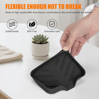 2 Pack Silicone Soap Dish, Self Draining Soap Dish, Non Slip Bar Soap and Sponge Holder for Bathroom Kitchen Sink Counter Organizer Easy to Clean Soap Tray Waterfall Soap Saver (Black&Beige)