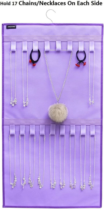Dual-sided Hanging Jewelry Organizer with 34 Hook Loops Wall Mounted Necklace Holder Jewelry Display Storage Hanger for Bracelet Chain (PURPLE)