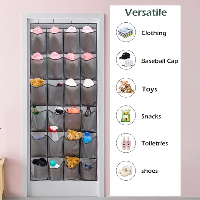 Over The Door Hanging Shoe Organizer Shoe Rack Hanger 24 Large Fabric Pockets Holder with 4 Sturdy Hooks (GREY)