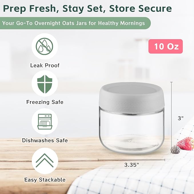 2 Pack Glass Overnight Oats Containers with Lids,Stackable Wide Mouth Mason Glass Jars with Airtight Seal Lids,Food Storage Jars for Meal Prep,Yogurt Parfaits,Meal Prep,Pudding,Spices (10 Oz)