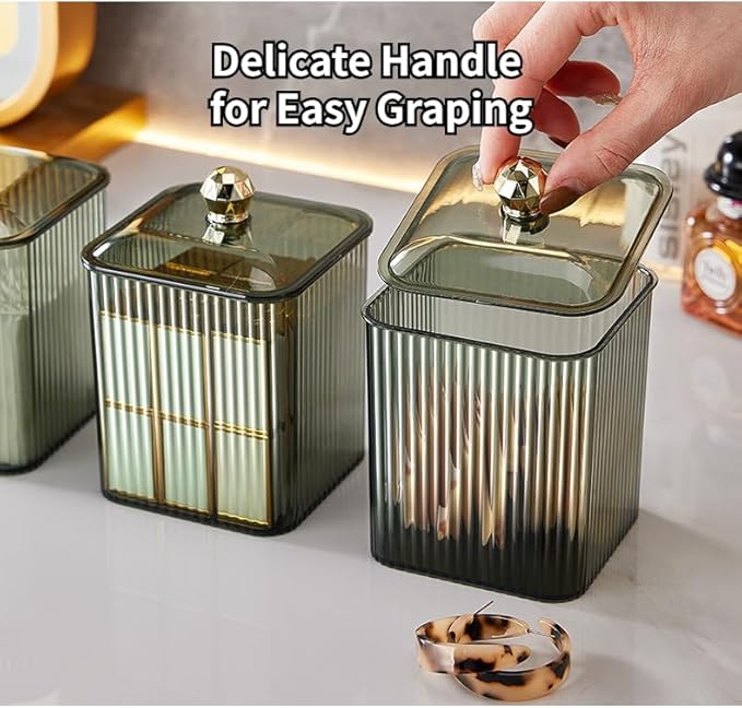 Clear Qtip Holder Dispenser for Cotton Ball and Swab Plastic with Lid Translucent Square Shape Canister Cube Jar for Bathroom Living Room Bedroom Vanity Makeup Organization (Green+Tranparent)