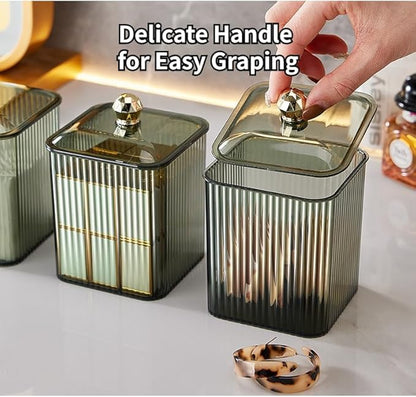 Clear Qtip Holder Dispenser for Cotton Ball and Swab Plastic with Lid Translucent Square Shape Canister Cube Jar for Bathroom Living Room Bedroom Vanity Makeup Organization (Green+Tranparent)