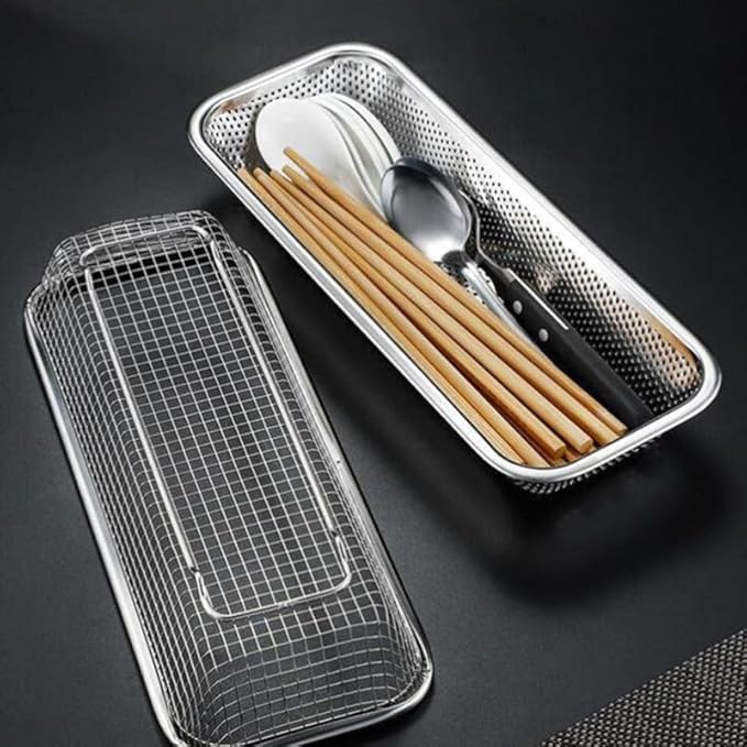 Cabilock Stainless Steel Multipurpose Cutlery Holder for Disinfection Cabinets Space-Saving Chopstick and Knife Rack with Ventilated Drain Basket Kitchen Cabinet Organizer 12.6X4.9X2 Inches
