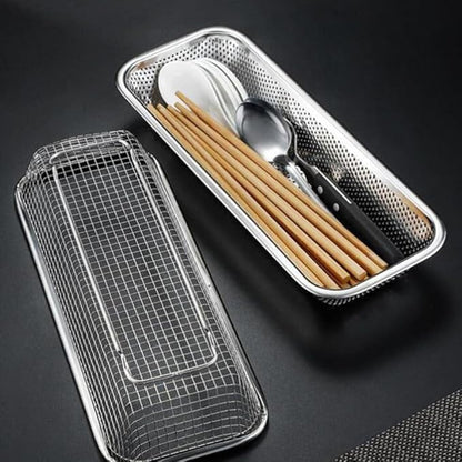 Cabilock Stainless Steel Multipurpose Cutlery Holder for Disinfection Cabinets Space-Saving Chopstick and Knife Rack with Ventilated Drain Basket Kitchen Cabinet Organizer 12.6X4.9X2 Inches