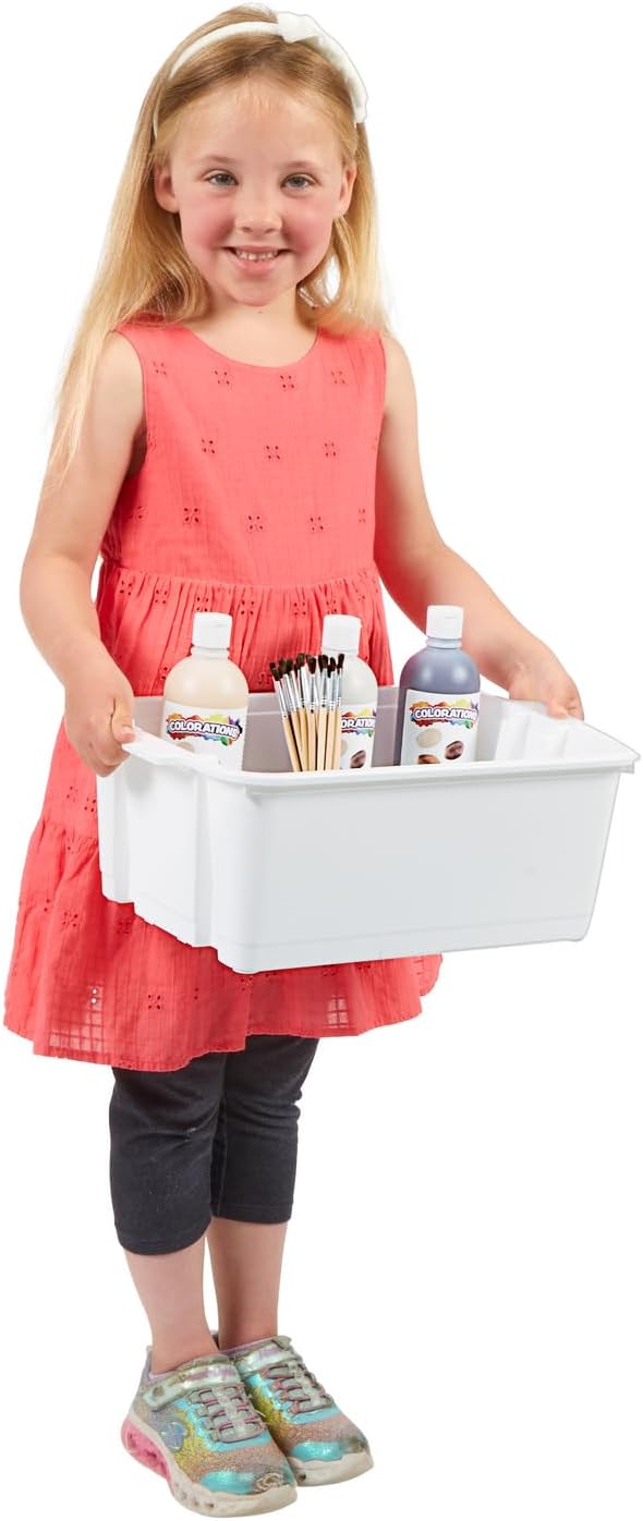 Really Good Stuff Stacking Bins, 14" x 10" x 5 .75" - 12 Pack, White, Stackable Storage Plastic Bins for Classroom Organization, Home Storage, Office & Hospital Supplies