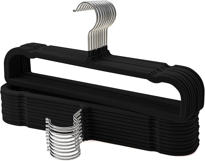 Pants Hangers 30 Pack Velvet Pant Hangers,Heavy Duty Velvet Hangers for Pants,Jeans,Scarf,Towels,Tank Top,Coat.Closet Organizers and Storage（Black）