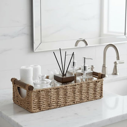 CubesLand Wicker Toilet Storage Basket Tray Organizer W/Cut Out Handle, Slim Decorative Basket for Countertop, Shelves And for Versatile Home Decor, Living Room, Nursery Organization, Neutral