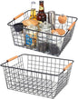 LeleCAT Large black wire basket for Organizing with Wooden Handles,pantry refrigerator organizers and storage,Snack Storage Baskets for Cabinets, Closets, Bedrooms, kitchen -2pack（Black）