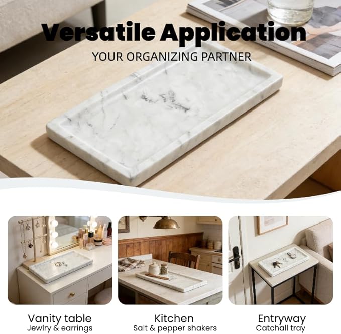 Marble Tray, Stone Bathroom Tray for countertop, Small White Marble Vanity Tray for Perfume, Skincare & Bathroom Accessories