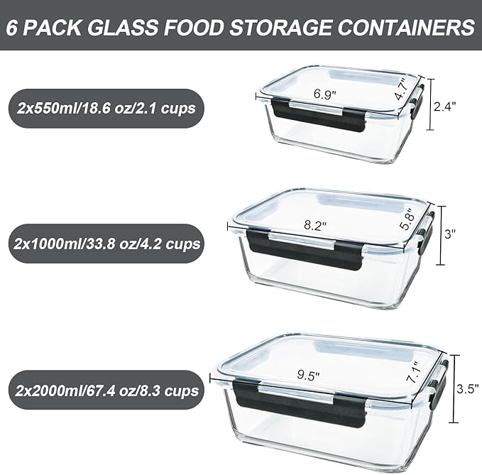 M MCIRCO 67.4oz(8.3 cup), 33.8oz(4.2 cup)& 18.6oz(2.1 cup) Extra Large Glass Food Storage Containers Set with Lids, 6 Pack Airtight Glass Storage Container for Microwave,Oven,Freezer Dishwasher