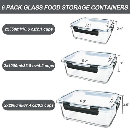 M MCIRCO 67.4oz(8.3 cup), 33.8oz(4.2 cup)& 18.6oz(2.1 cup) Extra Large Glass Food Storage Containers Set with Lids, 6 Pack Airtight Glass Storage Container for Microwave,Oven,Freezer Dishwasher