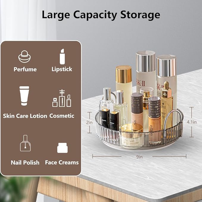 Rotating Makeup Organizer for Vanity, Spinning Cosmetics Storage for Bathroom Countertop, Skincare Holder Rack for Facial Cream, Perfume, Lotion, Lipstick (1 Tier, Smoky Grey)