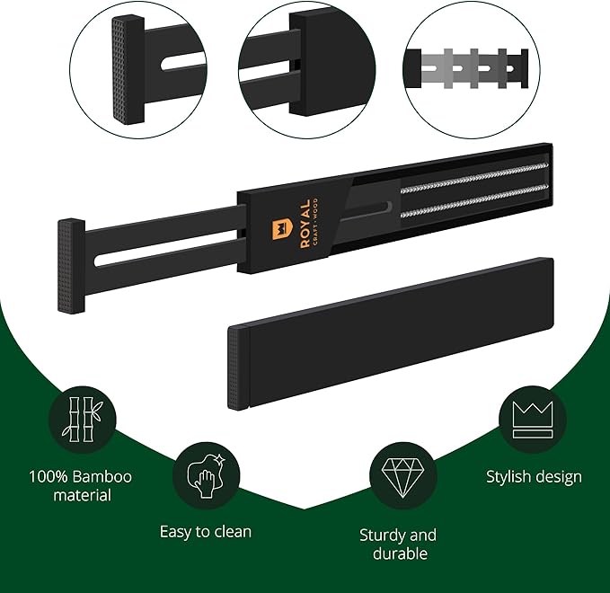 Bamboo Drawer Dividers Organizers, Adjustable Drawer Separator Splitters, 17–22 Inches Expandable Drawer Divider Organizer for Large Utensils, Kitchen, Bedroom, Dresser & Office Drawers 4-Pack, Black