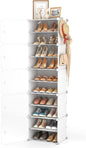 LANTEFUL 10 Tier Shoe Storage Cabinet with Door, Portable Narrow Organizer Rack for 20 Pairs, White Plastic with Hooks for Entryway or Bedroom