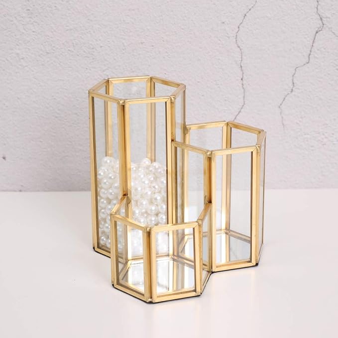 K COOL Decorative Makeup Brush Holder Pen Pencil Holder for Desk Organizer Gold Glass Cosmetic Display Cases Pot for Women Girls