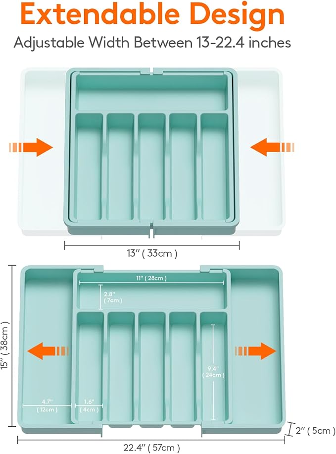 Lifewit Silverware Drawer Organizer, Expandable Utensil Tray for Kitchen, BPA Free Flatware and Cutlery Holder, Adjustable Plastic Storage for Spoons Forks Knives, 13-22 x 15", Turquoise