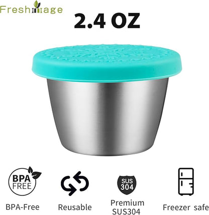 Freshmage [12 Pack 2.4oz Stainless Steel Dressing Container with Silicone Lids, Reusable Leakproof Condiment Containers Small Sauce Container Sets