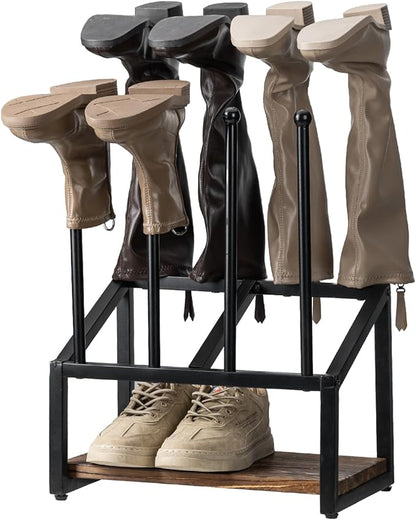 MyGift Industrial Metal & Burnt Wood 4-Pair Boot Rack with Shoe Shelf - Freestanding Rustic Entryway Organizer, Non-Slip Floor Protector for Mudroom/Garage/Closet