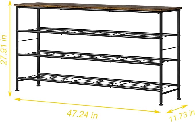 SUOERNUO Shoe Rack Organizer 4 Tier for Closet Entryway Free Standing Metal Storage Shoe Shelf with MDF Top Board (Black+Rustic Brown, Large 4 Tier)